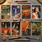 A set of eight vintage-style retro science fiction metal tin signs featuring classic space and sci-fi comic book covers, arranged in a 2x4 grid on a white background.