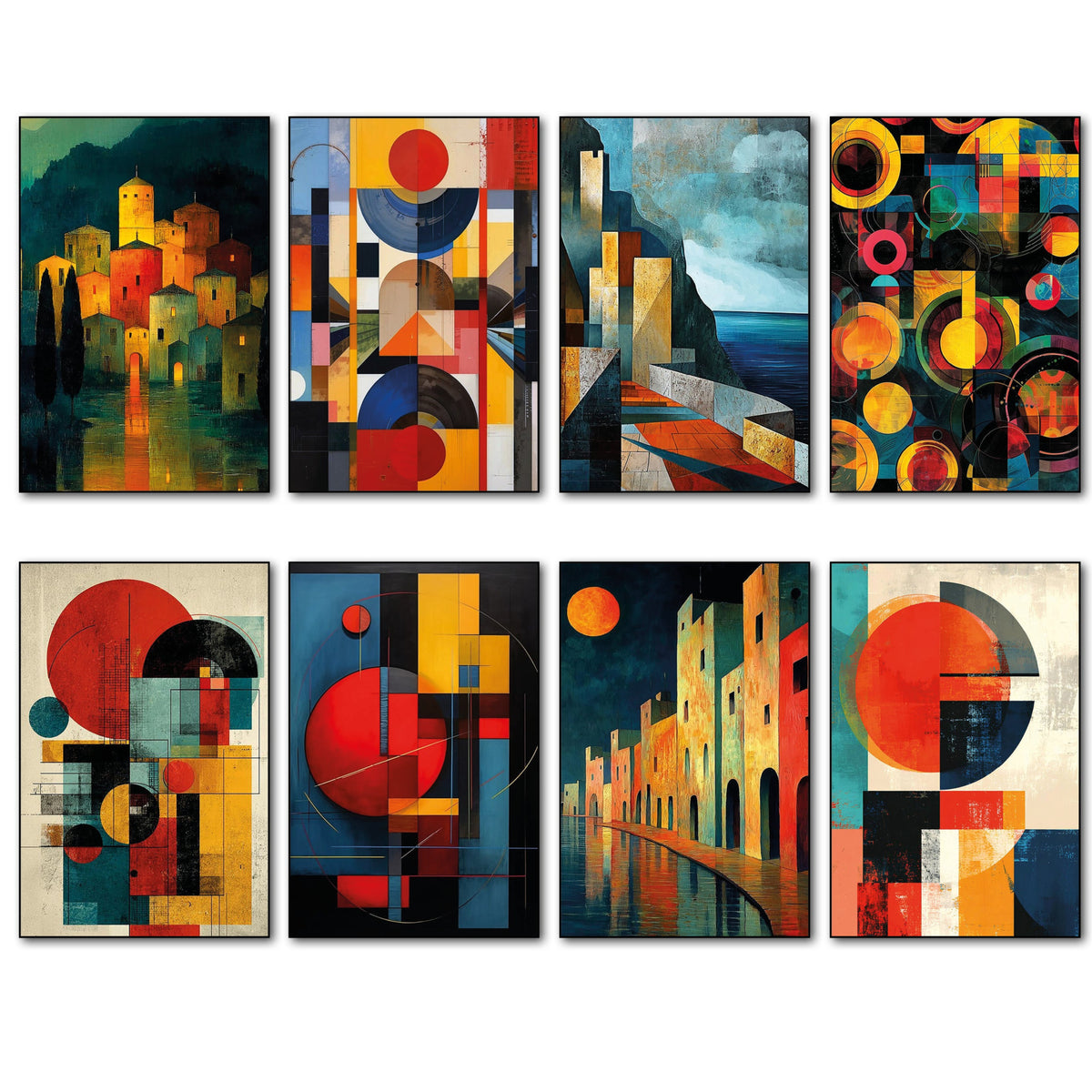 Set of eight framed abstract wall art prints arranged in two rows of four on a white background. The artworks feature bold geometric shapes, circles, squares, and architectural cityscape motifs in a colorful modernist style.