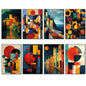 Set of eight framed abstract wall art prints arranged in two rows of four on a white background. The artworks feature bold geometric shapes, circles, squares, and architectural cityscape motifs in a colorful modernist style.