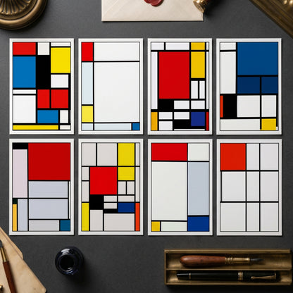 Set of eight Piet Mondrian-style geometric wall art panels arranged in two rows on a white background. The abstract canvases use black grid lines with blocks of white, red, yellow, blue, black, and gray.
