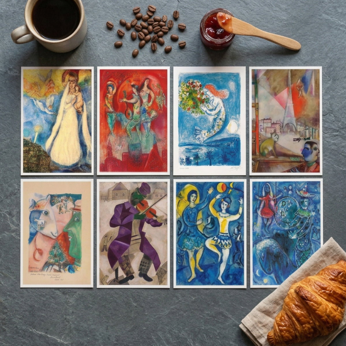 Eight framed abstract art prints arranged in a 2x4 grid on a white background. The prints feature a variety of colorful abstract compositions in blue, red, purple, green, and beige tones.