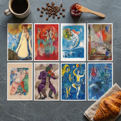 Eight framed abstract art prints arranged in a 2x4 grid on a white background. The prints feature a variety of colorful abstract compositions in blue, red, purple, green, and beige tones.