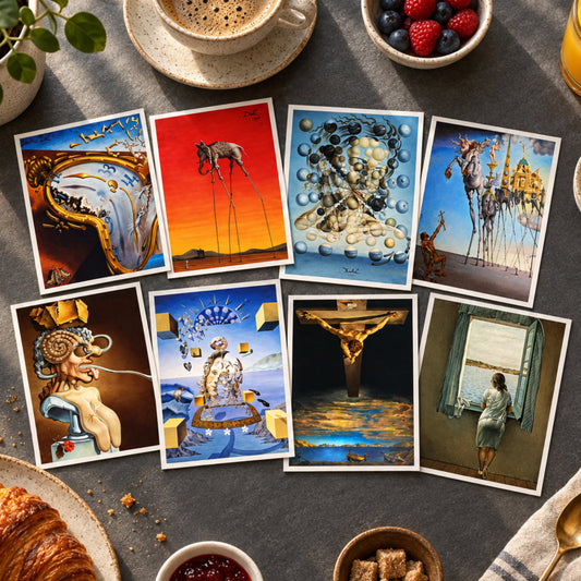 surreal art prints featuring dreamlike scenes: melting clocks, a horse on a tightrope, a blue-toned face made of circular elements, camels carrying a giraffe, a crowned ram with a pipe, a surreal throne scene, a crucifix, and a woman looking out a window.