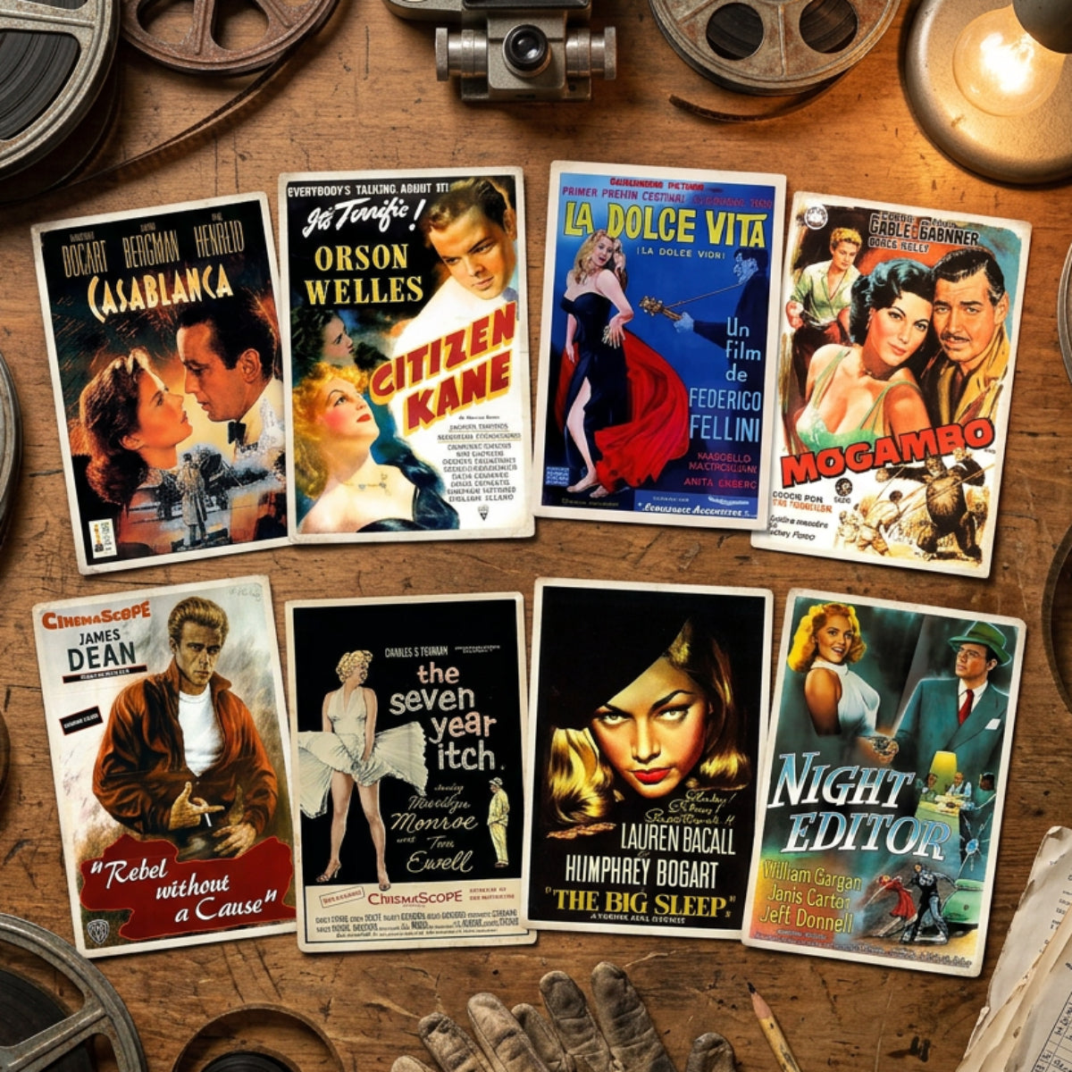 A 2x4 grid of vintage Italian cinema posters, featuring films such as Casablanca, Citizen Kane, La Dolce Vita, Mogambo, Rebel without a Cause, The Seven Year Itch, The Big Sleep, and Night and the City.