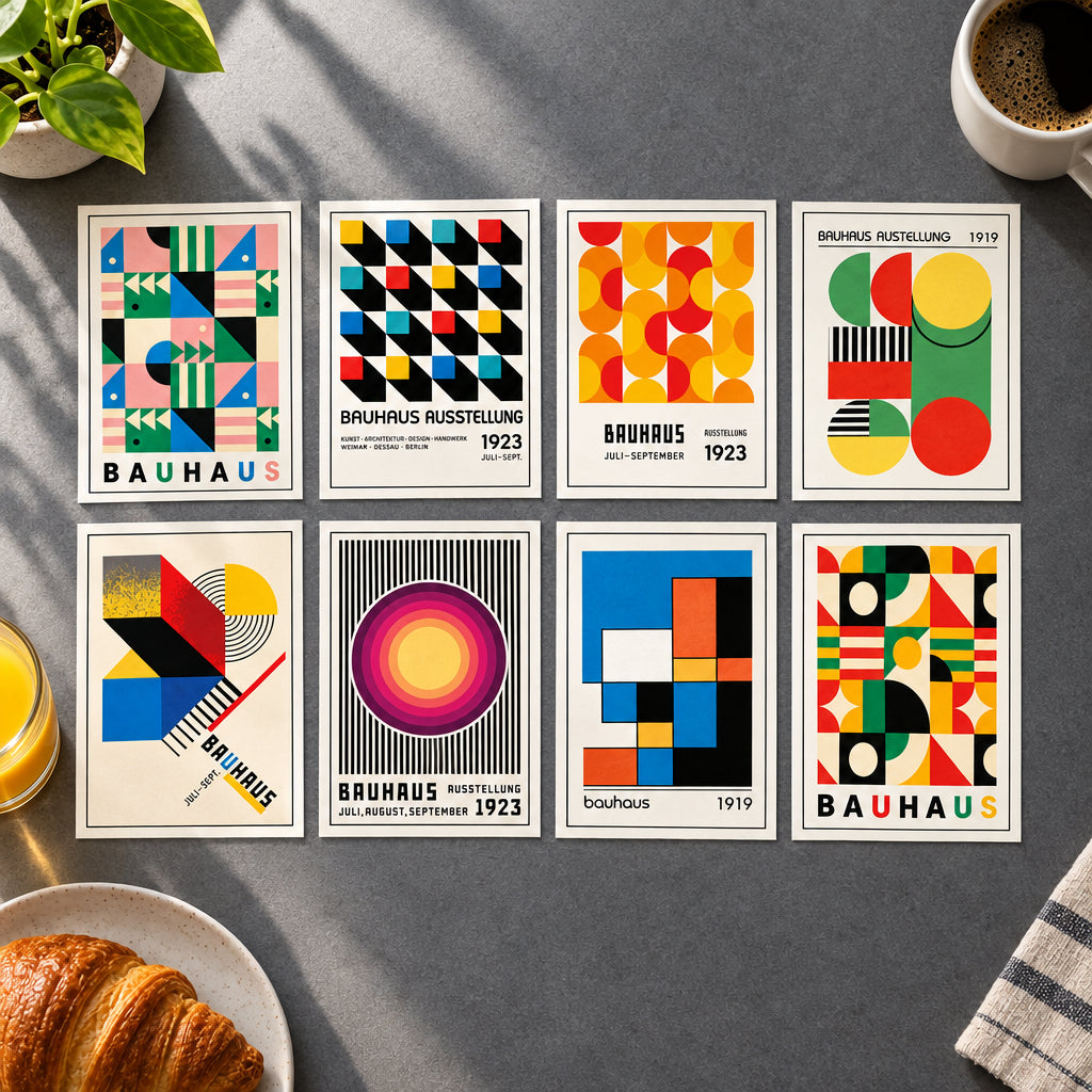 Six framed Bauhaus-style poster prints arranged in a 2x3 grid on a white background. Each print features bold geometric shapes, stripes, circles, and blocks in multiple colors, with the word Bauhaus prominently visible on several posters.