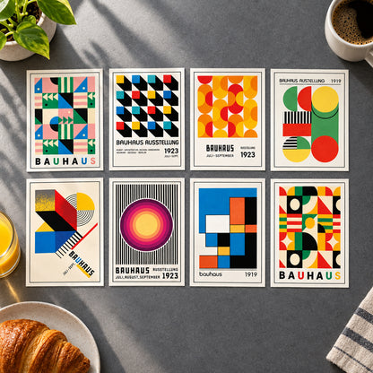 Six framed Bauhaus-style poster prints arranged in a 2x3 grid on a white background. Each print features bold geometric shapes, stripes, circles, and blocks in multiple colors, with the word Bauhaus prominently visible on several posters.