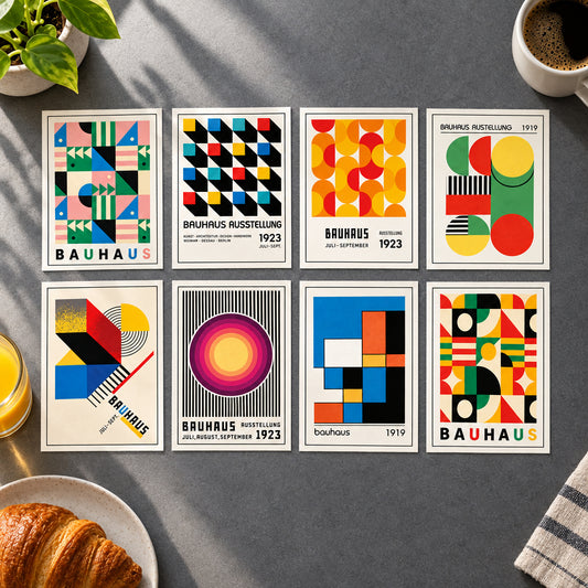 Six framed Bauhaus-style poster prints arranged in a 2x3 grid on a white background. Each print features bold geometric shapes, stripes, circles, and blocks in multiple colors, with the word Bauhaus prominently visible on several posters.