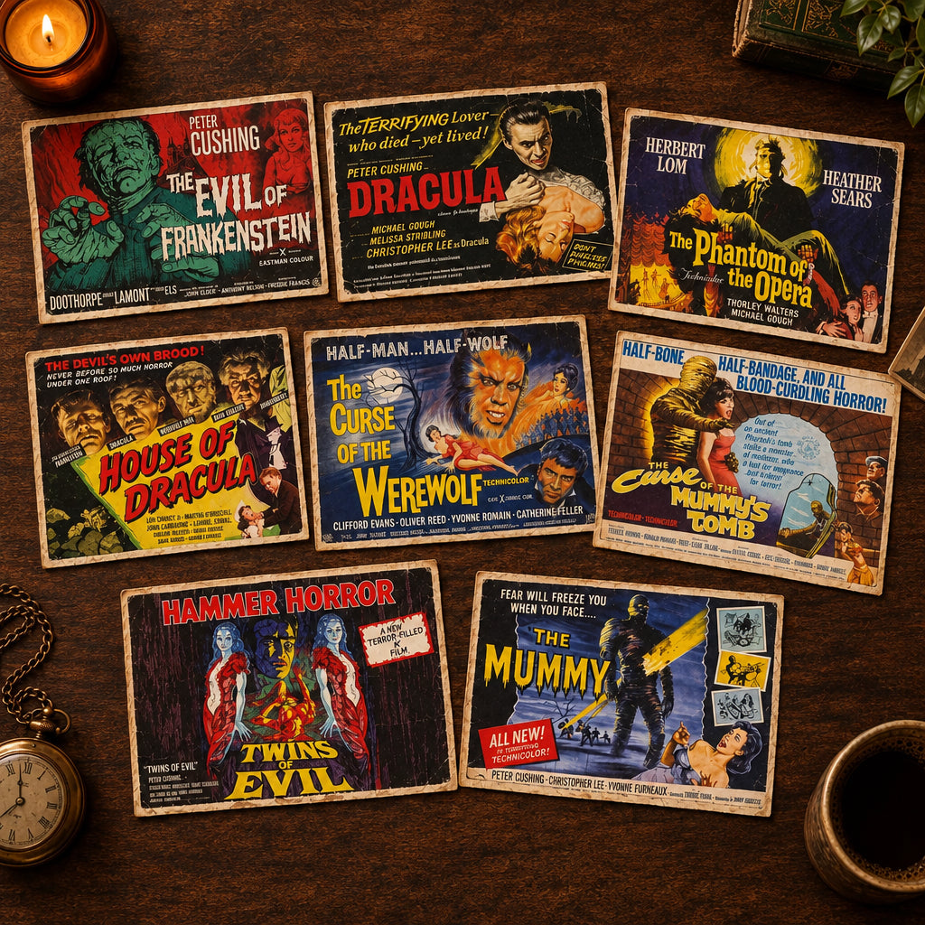 A set of vintage-style movie posters or art prints arranged on a dark wooden tabletop, featuring classic horror and thriller film covers including Dracula, The Phantom of the Opera, House of Dracula, The Curse of the Werewolf, The Mummy, and The Evil of Frankenstein. A candle, pocket watch, and mug are partially visible around the arrangement.