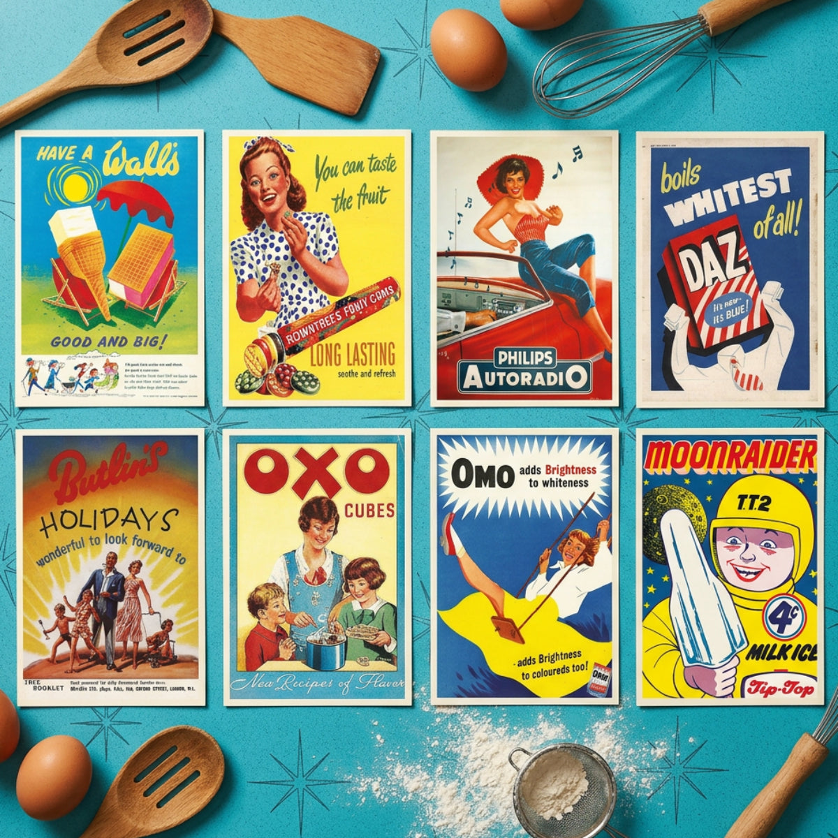 A set of eight vintage-style illustrated posters arranged in a 2x4 grid on a black background. The posters feature retro mid-century designs with bold text and colorful scenes, including slogans like 'Have a Wall's Good and Big!', 'You can taste the fruit', 'Philips Autoradi', 'Boils whitest of all!', 'Berlin! Holidays', 'Oxo Cubes', 'Omo adds Brightness to wilderness', and 'Moonraider TT2 Top Toy'.