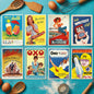 A set of eight vintage-style illustrated posters arranged in a 2x4 grid on a black background. The posters feature retro mid-century designs with bold text and colorful scenes, including slogans like 'Have a Wall's Good and Big!', 'You can taste the fruit', 'Philips Autoradi', 'Boils whitest of all!', 'Berlin! Holidays', 'Oxo Cubes', 'Omo adds Brightness to wilderness', and 'Moonraider TT2 Top Toy'.