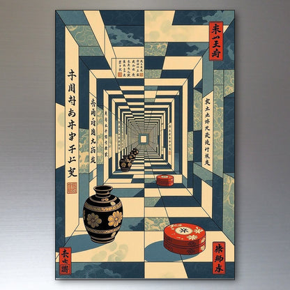 A framed vertical art print featuring a Japanese-style perspective tunnel with cream and navy geometric walls, Japanese calligraphy, and decorative black-and-gold vases and red cylindrical objects on the floor.
