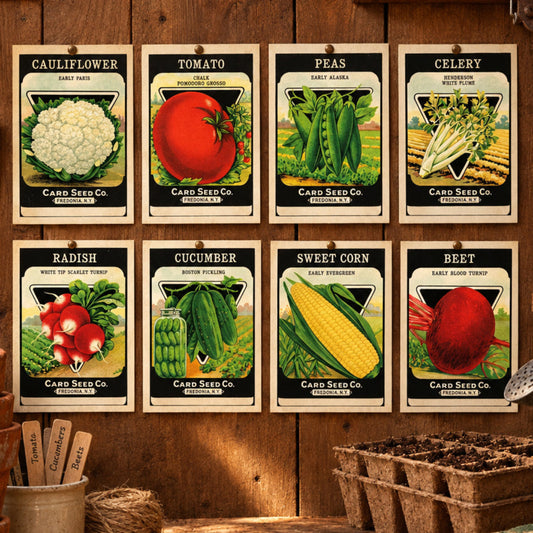Eight vintage-style seed card illustrations arranged in two rows on a gray background. The cards depict cauliflower, tomato, peas, celery, radish, cucumber, sweet corn, and beet, each with the text 'CARD SEED Co.