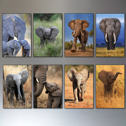 Set of eight framed vertical canvas prints depicting various scenes of African elephants, including adults, babies, and wildlife portraits, arranged in a 2x4 grid on a gray wall.