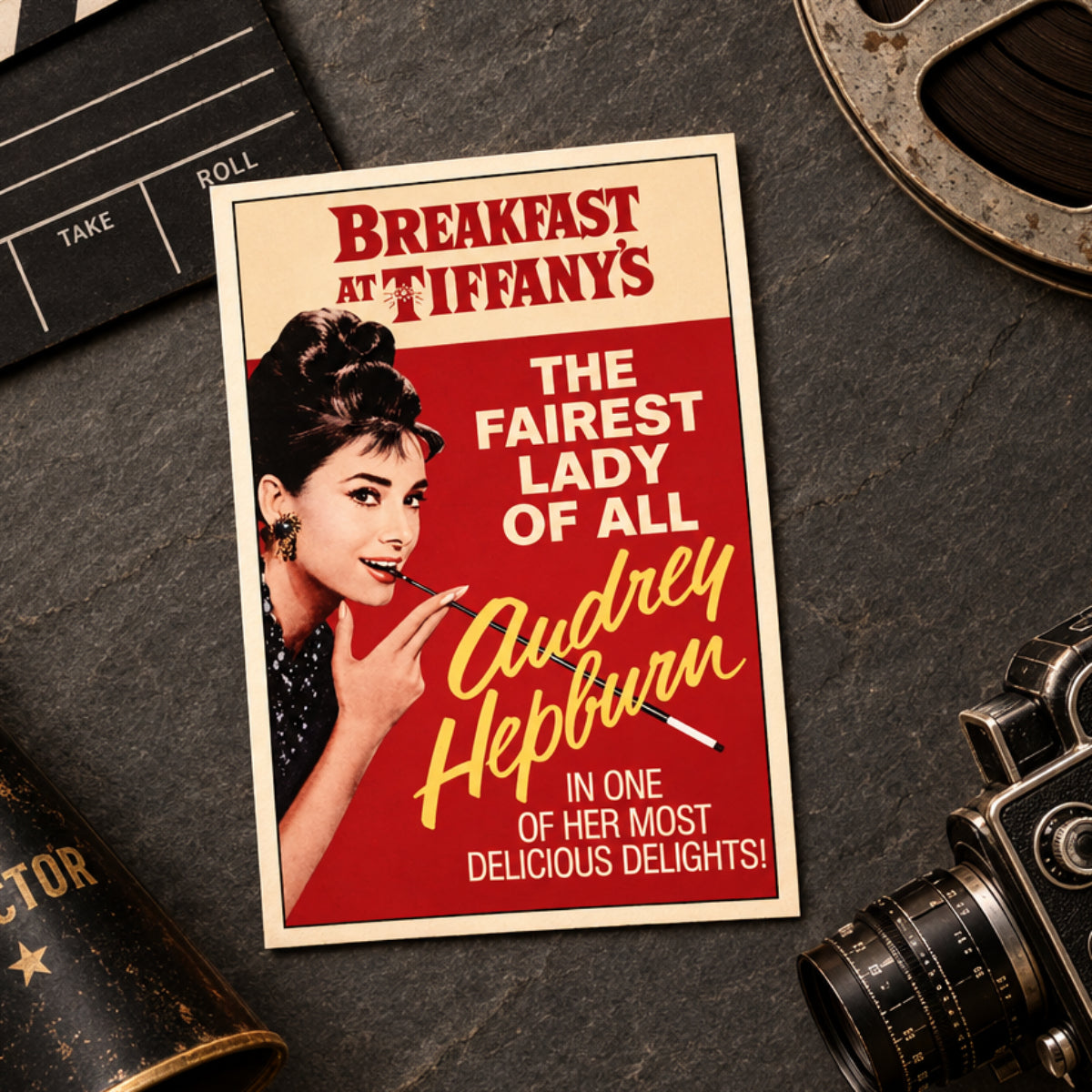 A vintage-style movie poster print for 'Breakfast at Tiffany's' featuring Audrey Hepburn, with a red background, cream and yellow typography, and a portrait of the woman holding a cigarette.
