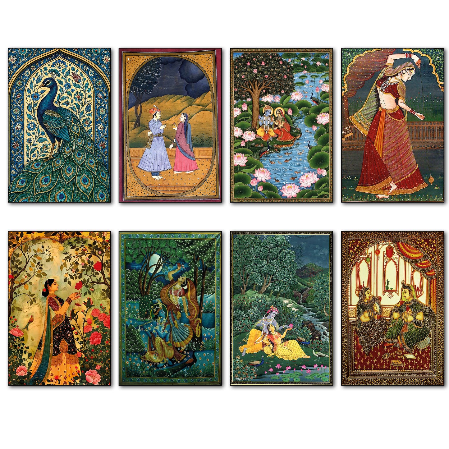 Vintage Indian Mughal Pichwai Art Fridge Magnets Set of 8 | Cultural Art Gift