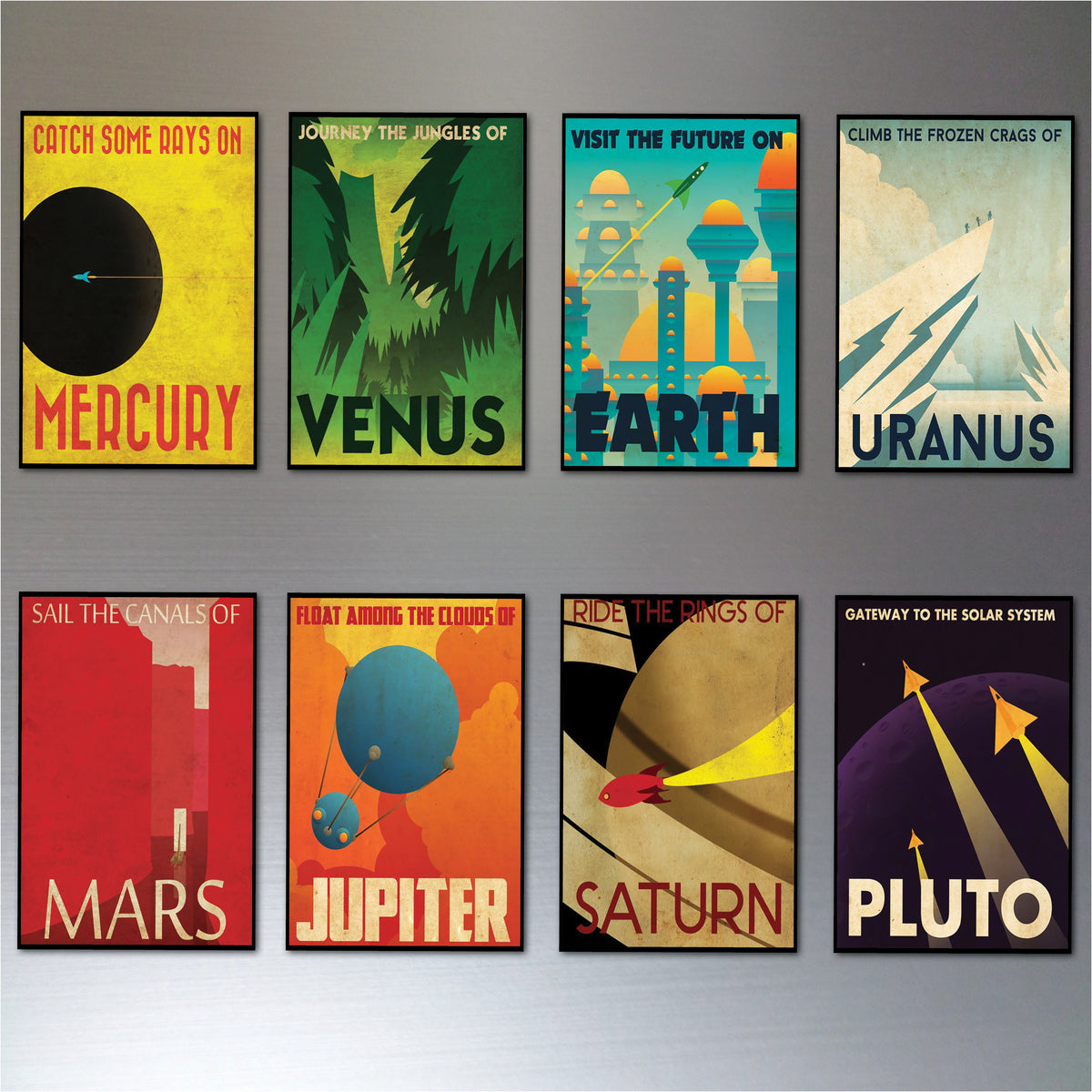 A set of eight retro-style space-themed poster prints arranged in two rows on a gray wall. The posters feature vintage travel-art designs for Mercury, Venus, Earth, Uranus, Mars, Jupiter, Saturn, and Pluto, each with bold text and a different color palette.