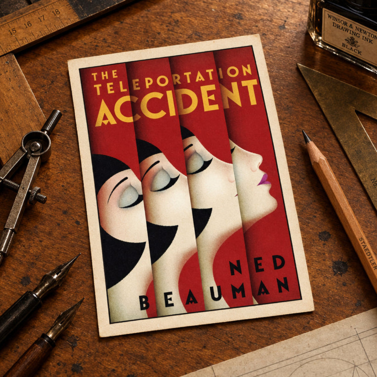 Book cover for 'The Teleportation Accident' by Ned Beauman, featuring a stylized red, black, and white art deco illustration of a woman's face split across vertical panels, centered on a gray gradient background.