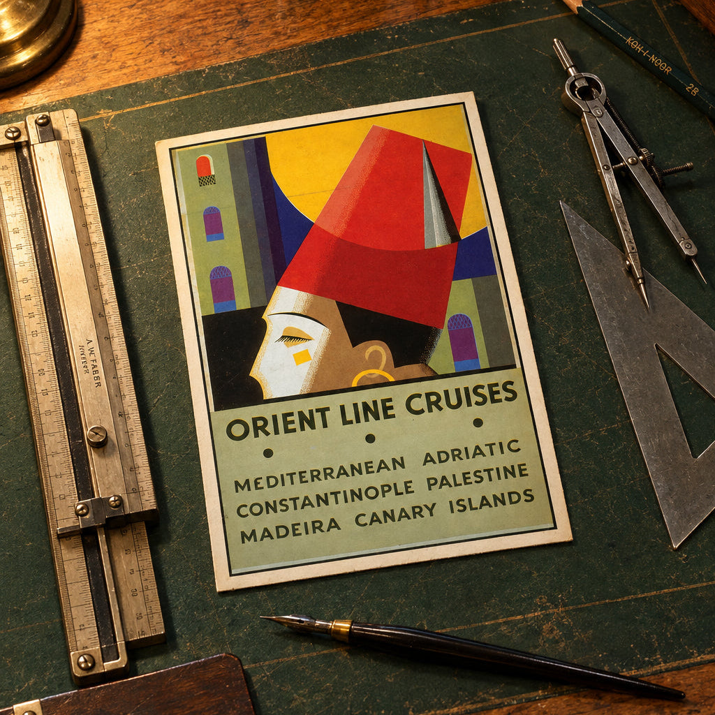 A framed vintage travel poster advertising Orient Line Cruises, featuring a stylized face wearing a red hat against a yellow and geometric background, with text listing destinations such as Mediterranean, Adriatic, Constantinople, Palestine, and Canary Islands.