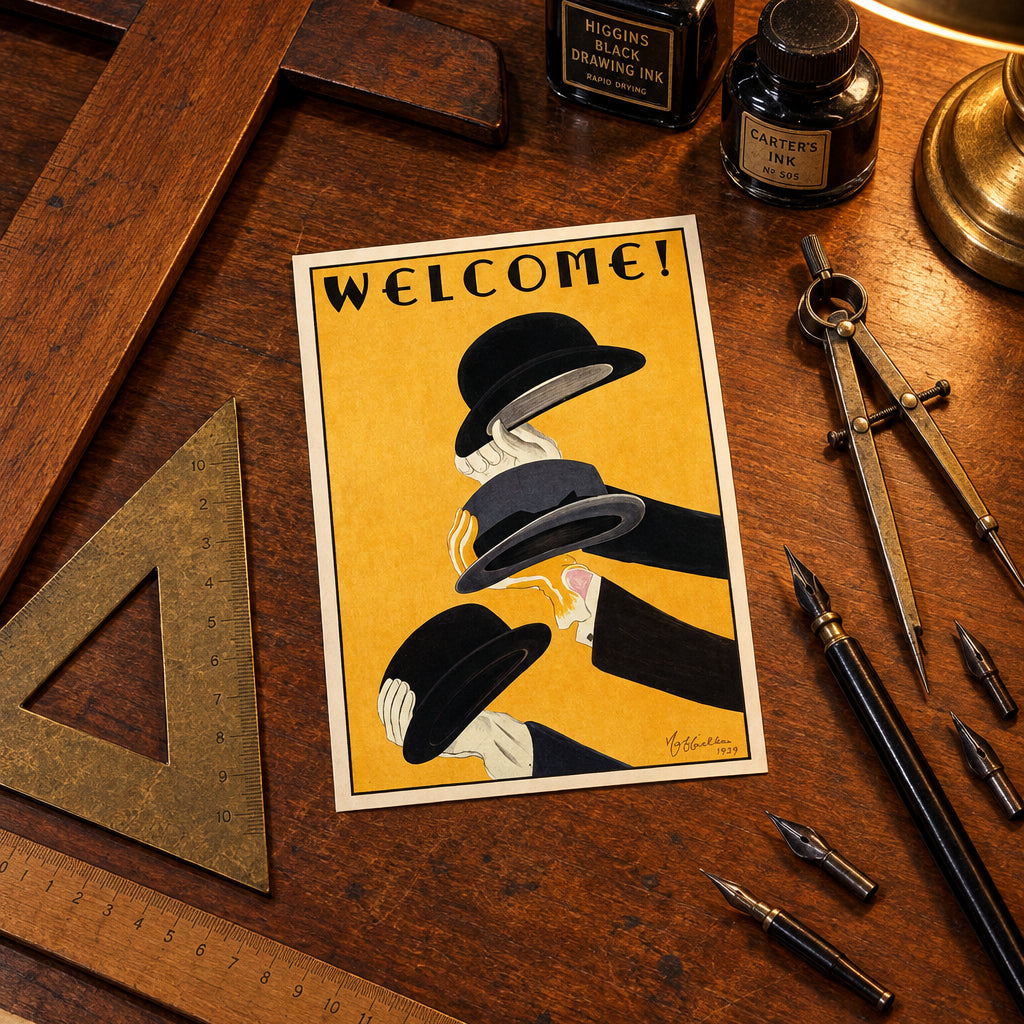 A vintage-style poster or art print with the word “WELCOME!” at the top, showing three hands in black suits and white cuffs holding black and gray bowler hats against a warm yellow background. The print is photographed against a neutral gray gradient backdrop.