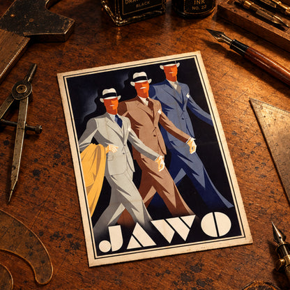 A vintage-style poster or print showing three stylized men in suits walking forward against a dark background, with the word 'JAWO' in large white letters at the bottom. The artwork is centered on a gray gradient background.