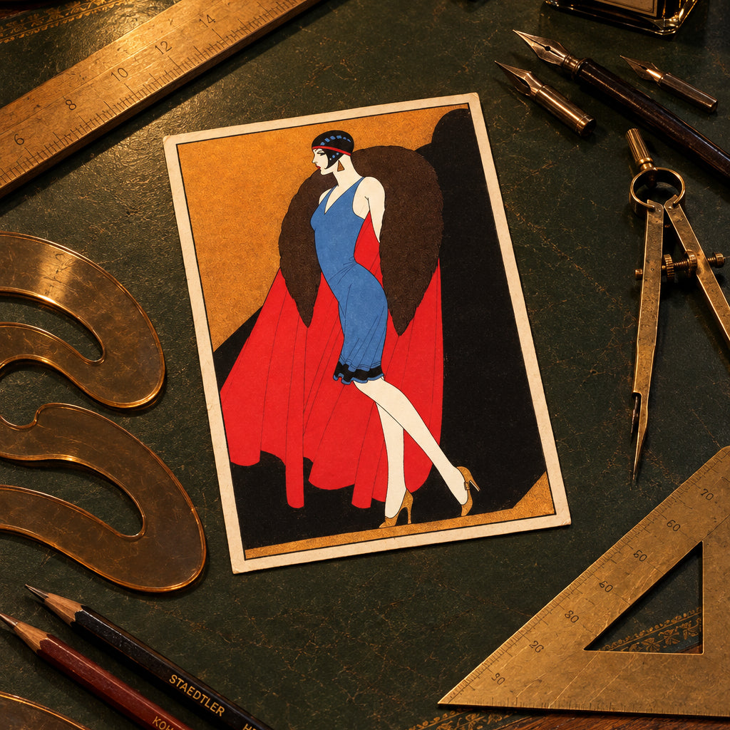 Art Deco style fashion illustration print of a woman in a blue dress and red cape with a dark brown fur collar, shown against a black and gold background.