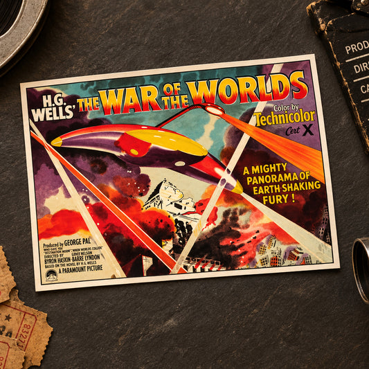 A vintage movie poster for 'The War of the Worlds' (1938) by H.G.