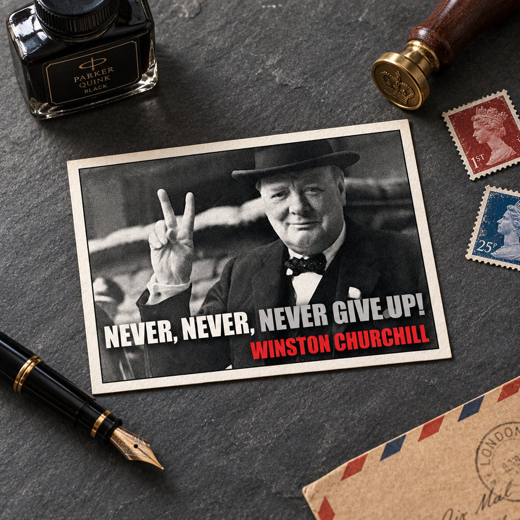 A framed poster print featuring a black-and-white portrait of Winston Churchill raising the peace sign, with the text 'NEVER, NEVER, NEVER GIVE UP!' in white and 'WINSTON CHURCHILL' in red at the bottom, shown against a gray gradient background.