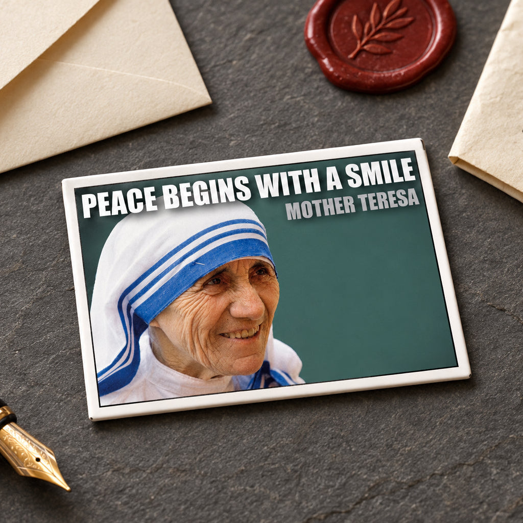 A rectangular printed sign or poster featuring a portrait of Mother Teresa with the text 'PEACE BEGINS WITH A SMILE' and 'MOTHER TERESA' on a gray gradient background.