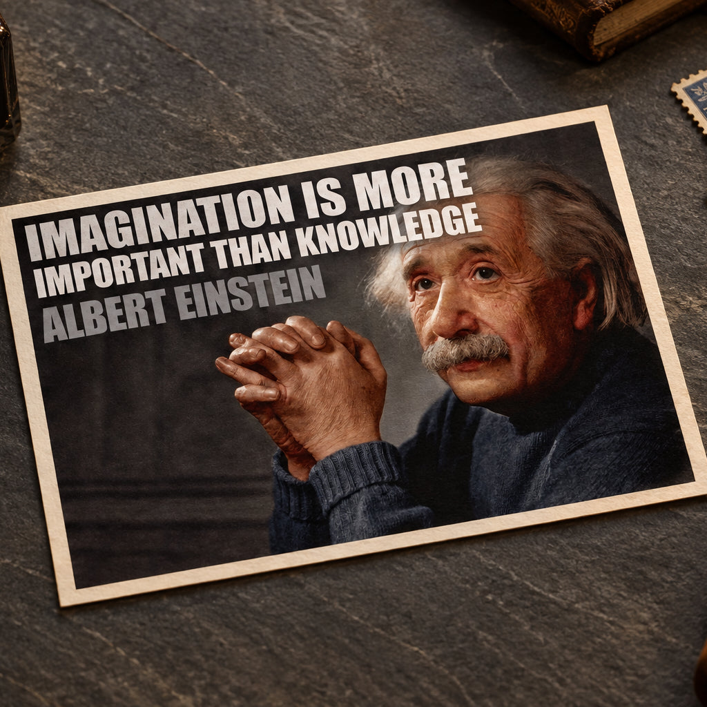 A framed-style poster or print featuring a portrait of Albert Einstein with the text 'IMAGINATION IS MORE IMPORTANT THAN KNOWLEDGE' and 'ALBERT EINSTEIN' in bold white lettering, shown against a gray gradient background.