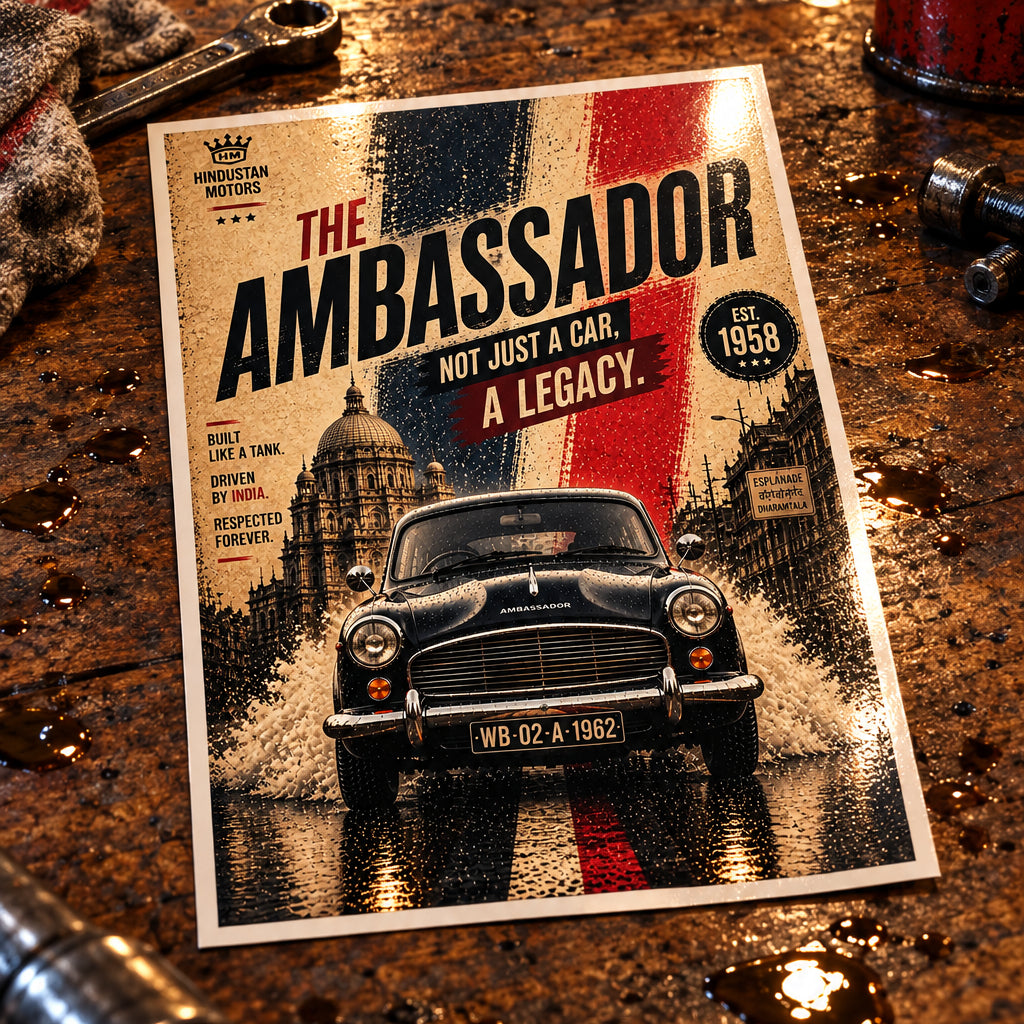 A vintage-style poster featuring a black Ambassador car driving through splashing water, with large text reading 'THE AMBASSADOR' and 'NOT JUST A CAR, A LEGACY.' The design uses a distressed red, white, and blue flag motif over a tan background, with Hindustan Motors branding and an Est.
