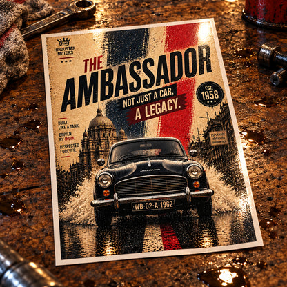 A vintage-style poster featuring a black Ambassador car driving through splashing water, with large text reading 'THE AMBASSADOR' and 'NOT JUST A CAR, A LEGACY.' The design uses a distressed red, white, and blue flag motif over a tan background, with Hindustan Motors branding and an Est.