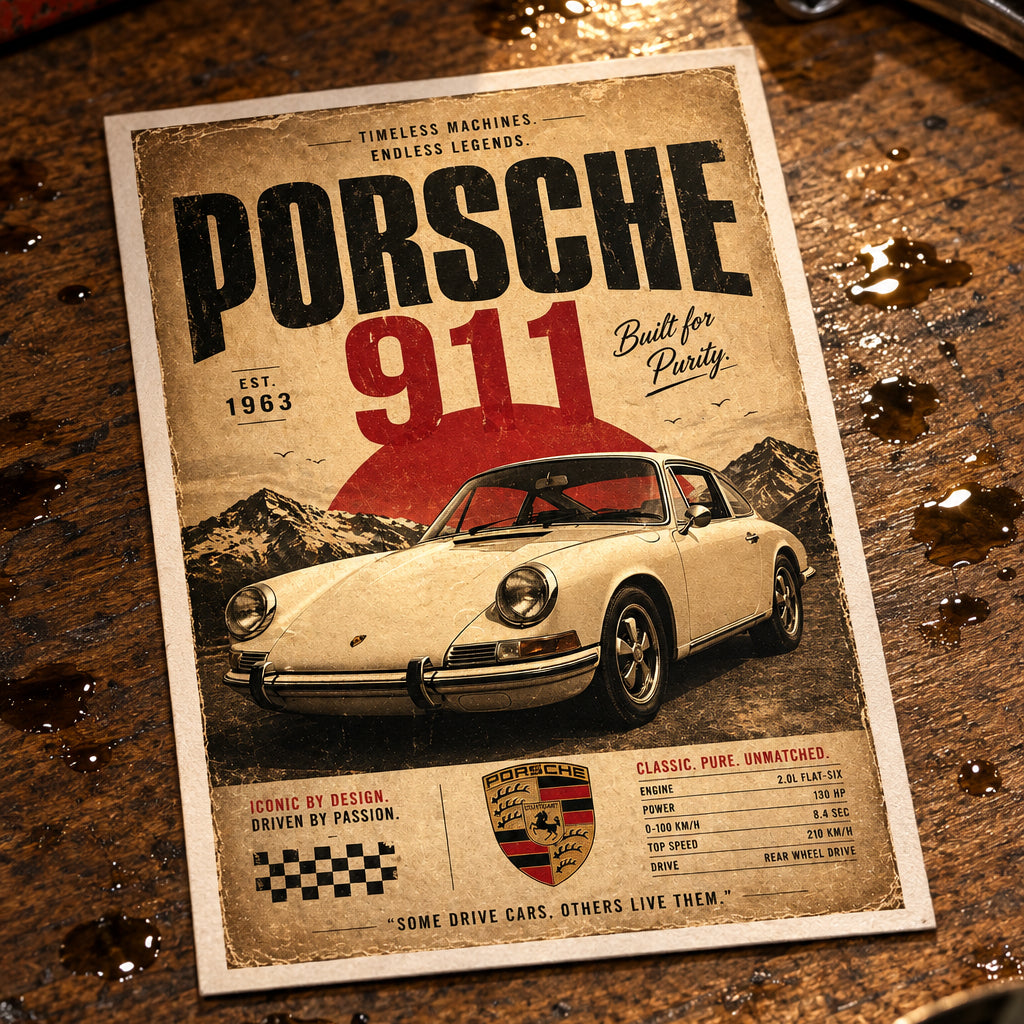 A vintage-style Porsche 911 poster with a cream-colored sports car, bold black and red typography, and a distressed tan background, shown against a neutral gray backdrop.