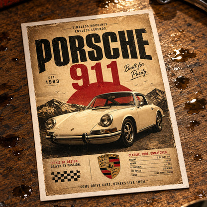 A vintage-style Porsche 911 poster with a cream-colored sports car, bold black and red typography, and a distressed tan background, shown against a neutral gray backdrop.