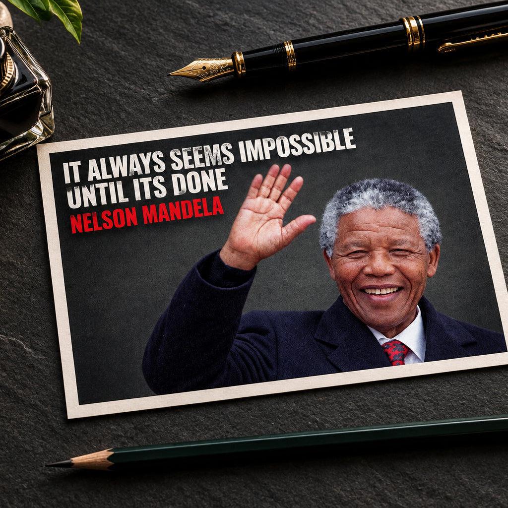 A framed poster featuring a smiling Nelson Mandela waving, with the text 'IT ALWAYS SEEMS IMPOSSIBLE UNTIL ITS DONE' in white and 'NELSON MANDELA' in red. The poster is shown against a gray gradient background.
