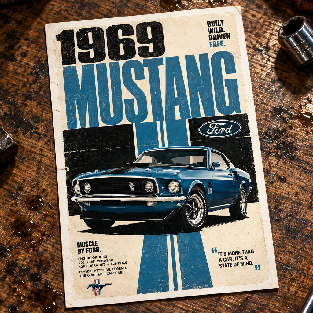 Vintage Ford Mustang 1969 metal tin sign featuring a blue Mustang car, bold blue and black text, and the Ford logo on a distressed cream background.