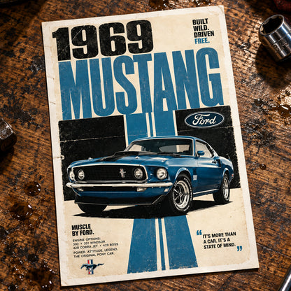 Vintage Ford Mustang 1969 metal tin sign featuring a blue Mustang car, bold blue and black text, and the Ford logo on a distressed cream background.