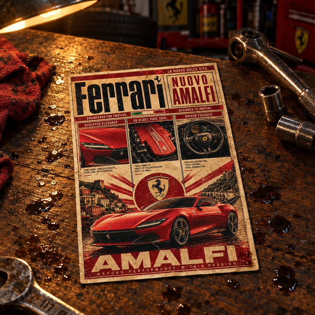 A vintage-style Ferrari promotional poster or print featuring a red sports car, the Ferrari logo, and Italian text including 'Nuovo Amalfi' and 'Amalfi'. The design uses a distressed tan and red color palette with multiple inset automotive images.