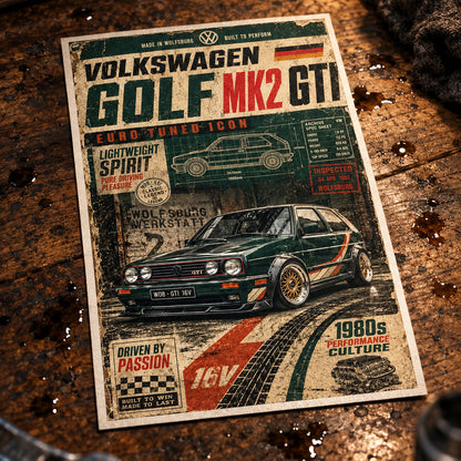 A vintage-style Volkswagen Golf Mk2 GTI poster or print featuring a dark green car, technical car drawings, distressed typography, and a grunge background. The poster is shown against a neutral gray backdrop.
