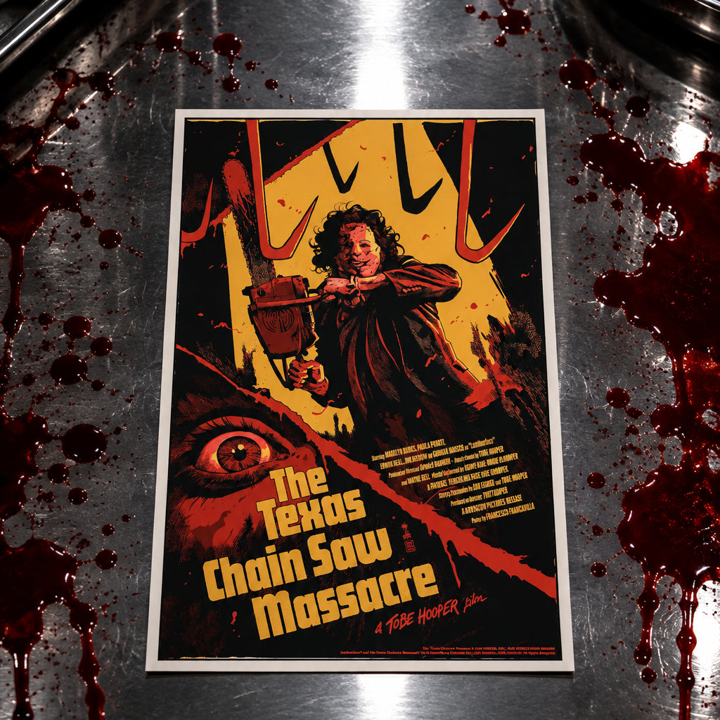 A horror movie poster for 'The Texas Chain Saw Massacre' displayed on a metallic surface surrounded by fake blood splatters. The poster features a black, red, and yellow design with an illustration of a woman holding a chainsaw and a large eye in the lower left corner.