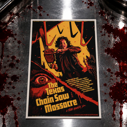 A horror movie poster for 'The Texas Chain Saw Massacre' displayed on a metallic surface surrounded by fake blood splatters. The poster features a black, red, and yellow design with an illustration of a woman holding a chainsaw and a large eye in the lower left corner.