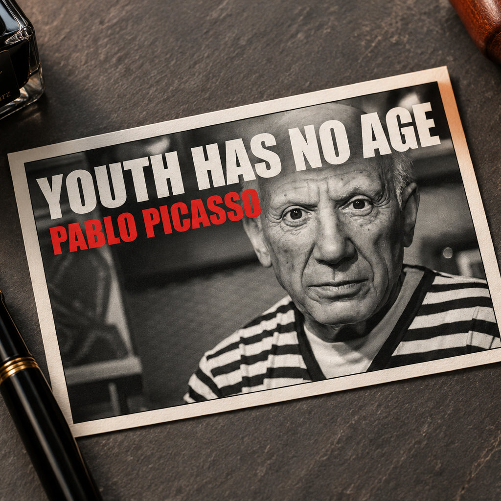 A framed poster print featuring a black-and-white portrait of Pablo Picasso with bold text reading 'YOUTH HAS NO AGE' in white and 'PABLO PICASO' in red, shown against a gray gradient background.