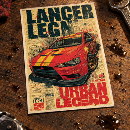A stylized poster or print featuring a red sports car with yellow racing stripes, large distressed text reading 'LANCER LEGEND' at the top and 'URBAN LEGEND' at the bottom, shown against a gray gradient background.