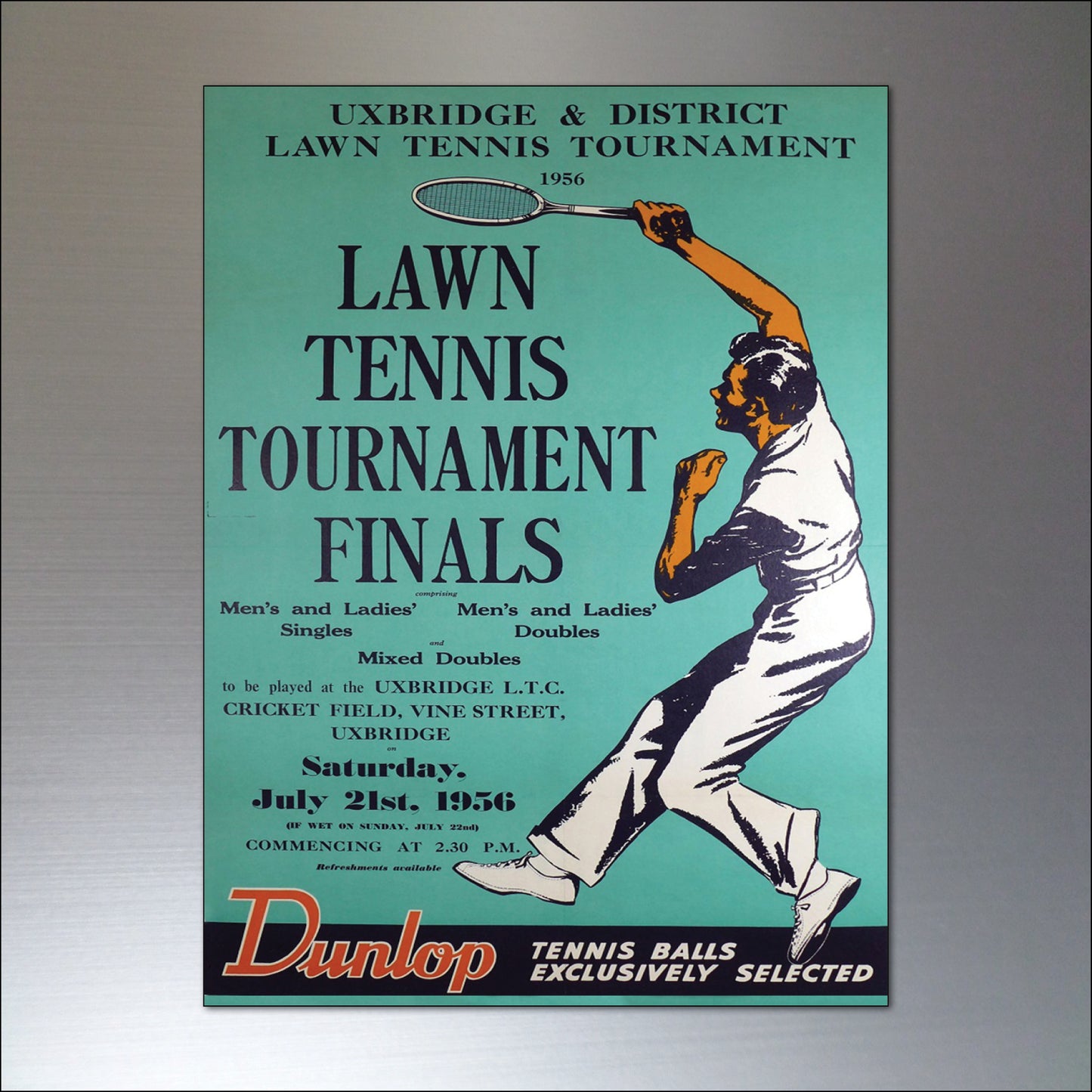 Set of 8 vintage tennis poster fridge magnets by Bubbadoodoo featuring retro tennis illustrations and bold graphics.