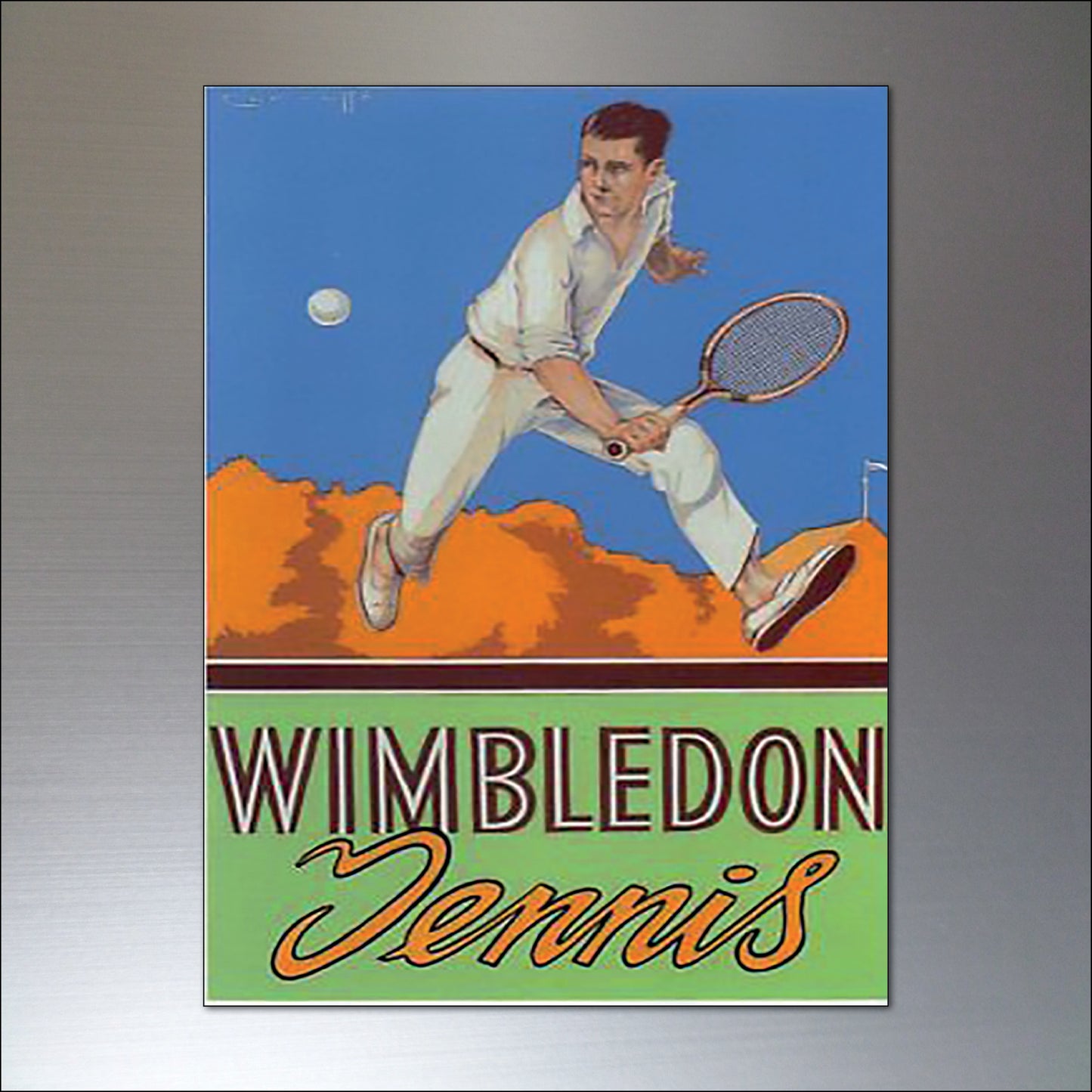 Set of 8 vintage tennis poster fridge magnets by Bubbadoodoo featuring retro tennis-themed artwork and colorful designs.