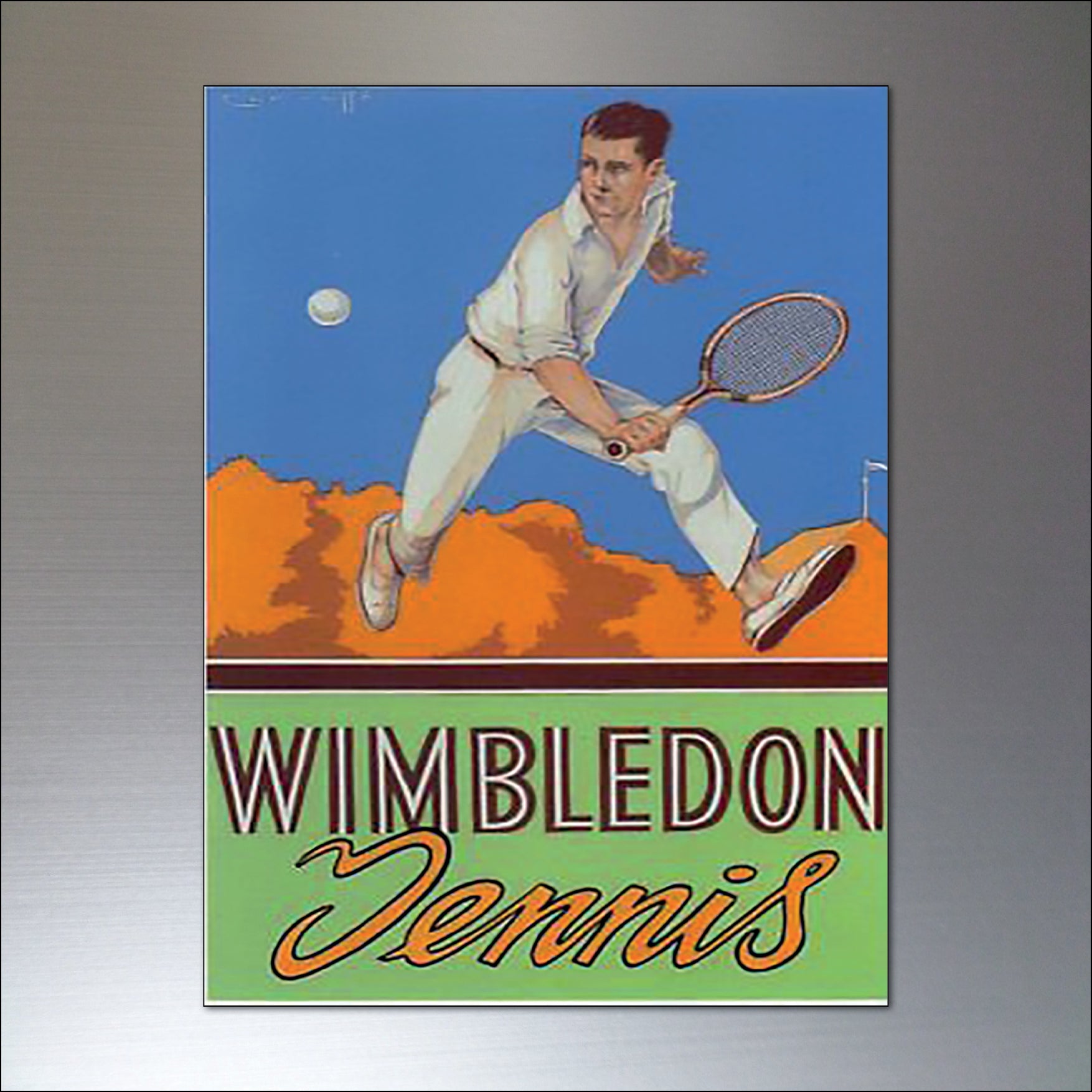 Set of 8 vintage tennis poster fridge magnets by Bubbadoodoo featuring retro tennis-themed artwork and colorful designs.