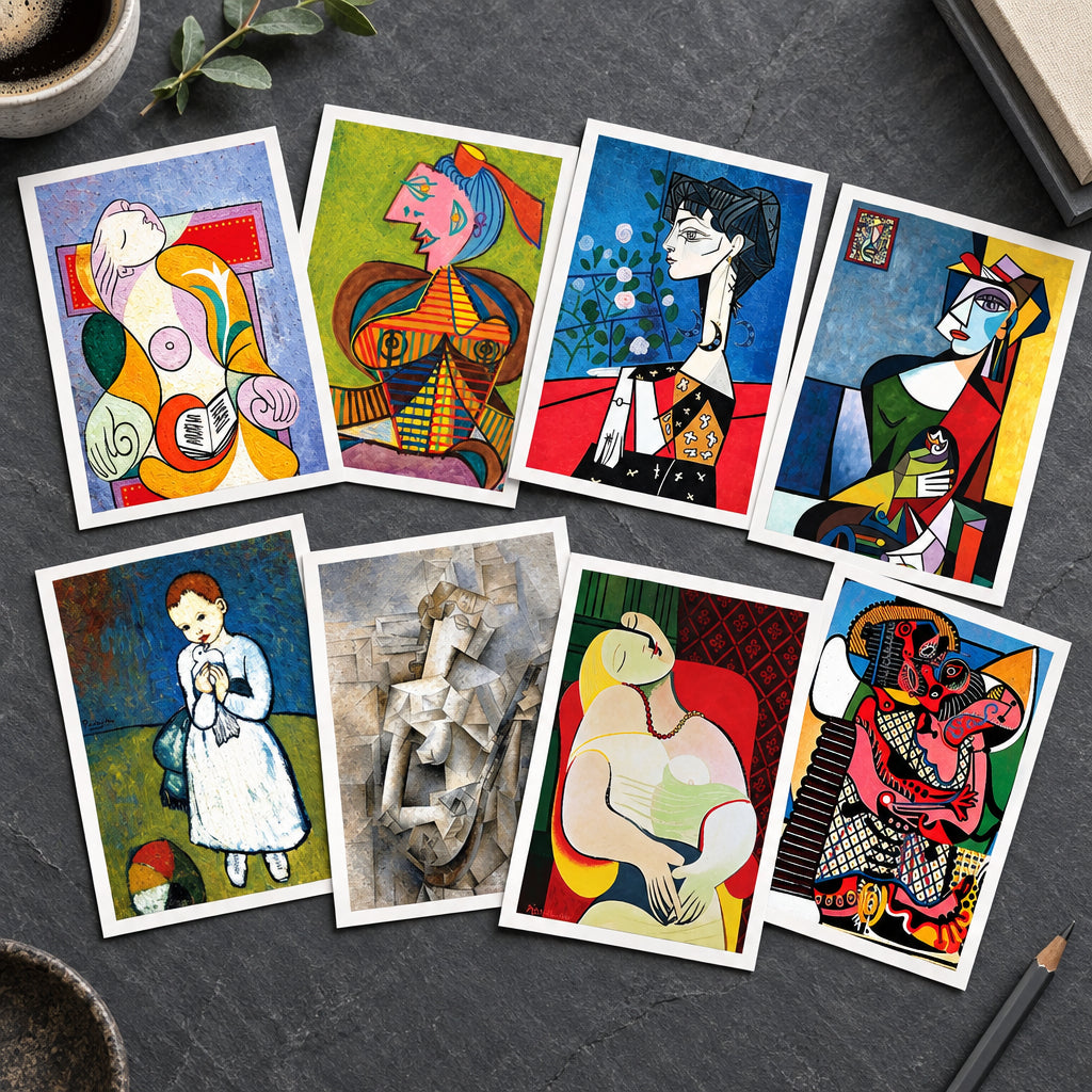 A set of eight framed-style art prints arranged in a 2x4 grid on a white background. The prints feature colorful, cubist-style depictions of figures and abstract forms in blue, red, yellow, green, black, and white.