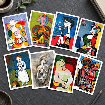 A set of eight framed-style art prints arranged in a 2x4 grid on a white background. The prints feature colorful, cubist-style depictions of figures and abstract forms in blue, red, yellow, green, black, and white.