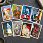 A set of eight framed-style art prints arranged in a 2x4 grid on a white background. The prints feature colorful, cubist-style depictions of figures and abstract forms in blue, red, yellow, green, black, and white.