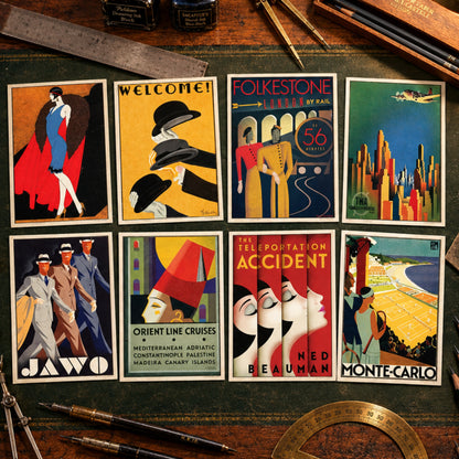 A set of eight vintage-style travel poster prints arranged in a 2x4 grid on a white background. The posters feature retro Art Deco designs with illustrations of figures, trains, airplanes, and cityscapes, including titles such as Folkestone by Rail, Orient Line Cruises, The Teleportation Accident, and Monte-Carlo.