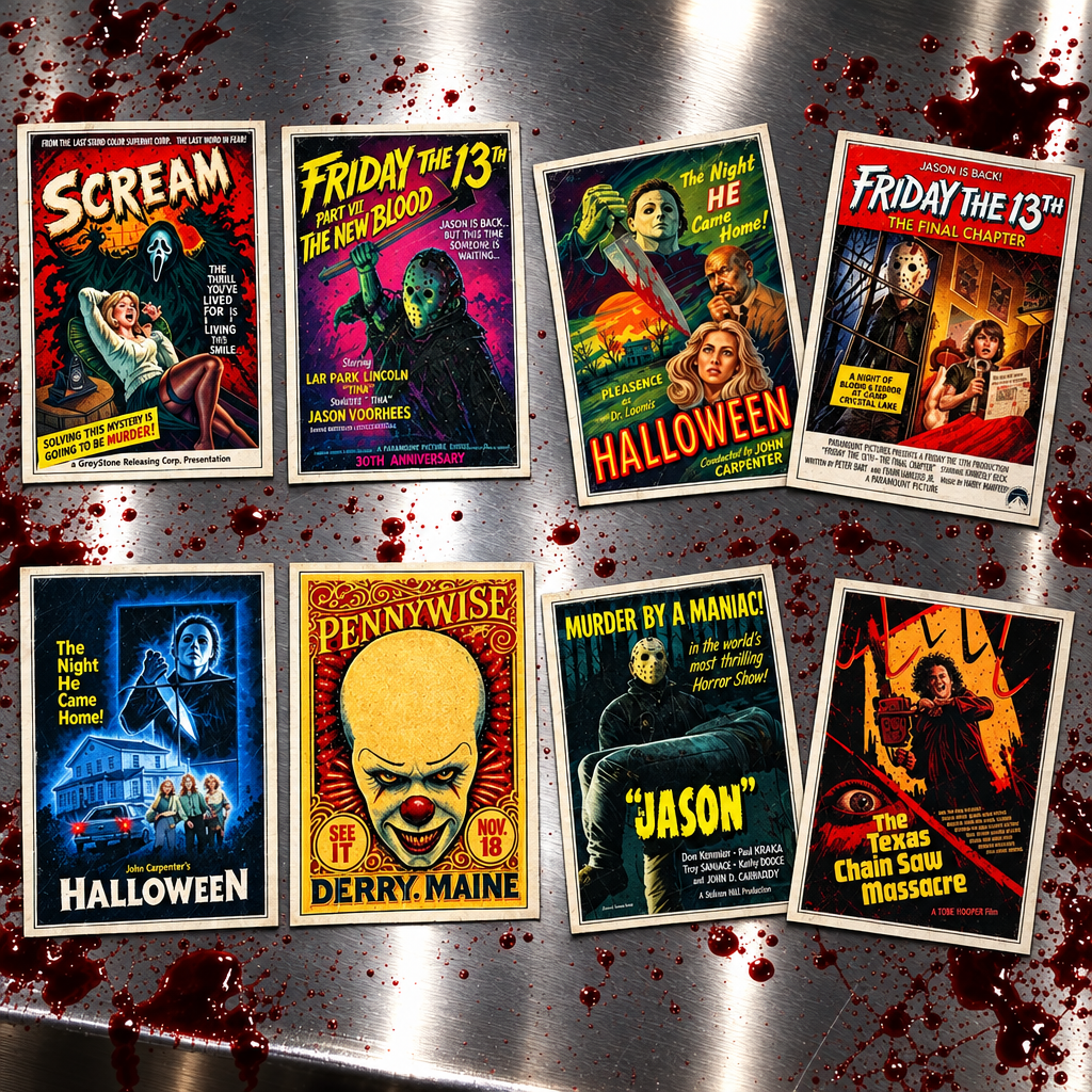 Six vintage-style horror movie posters arranged on a brushed metal surface with red blood splatter around them. The posters feature classic slasher and Halloween imagery, including Scream, Friday the 13th, Halloween, The Night Before Christmas, Pennywise, Jason, and The Texas Chain Saw Massacre.